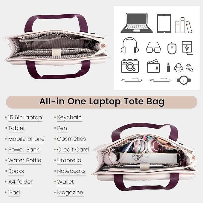 LOVEVOOK Laptop Bag Women 15.6 Inch Laptop Tote Professional Leather Computer Briefcase Waterproof Shoulder Bag Large Capacity Business Teacher Office Crossbody Purse