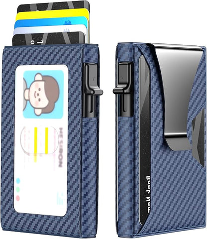 Wallet for Men Slim Minimalist Pop-up Smart Holds 5-6 Cards - RFID Blocking Metal with Money Clip, Credit Card Holder & ID Window,Business Card Cases, men accessories (Carbon Blue)