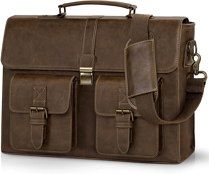 RAINSMORE Mens Messenger Bag 15.6 Inch Leather Vintage Laptop Briefcase Waterproof Computer Laptop Bag Leather Satchel Bag Large Shoulder Bag for Office Work Travel College, DarkBrown