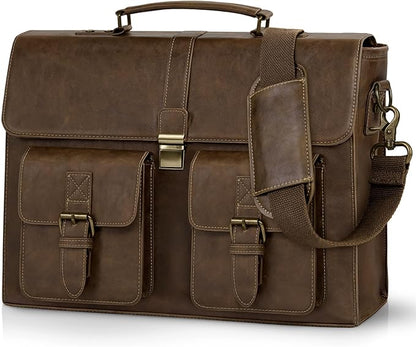RAINSMORE Mens Messenger Bag 15.6 Inch Leather Vintage Laptop Briefcase Waterproof Computer Laptop Bag Leather Satchel Bag Large Shoulder Bag for Office Work Travel College, DarkBrown