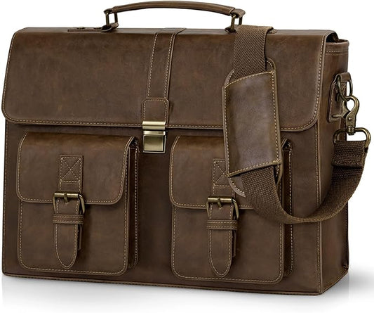 RAINSMORE Mens Messenger Bag 15.6 Inch Leather Vintage Laptop Briefcase Waterproof Computer Laptop Bag Leather Satchel Bag Large Shoulder Bag for Office Work Travel College, DarkBrown