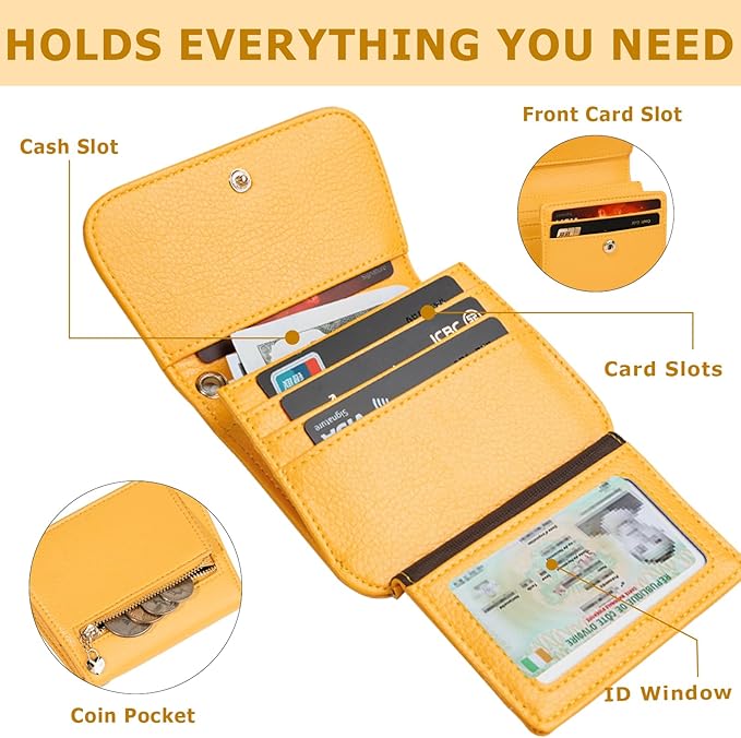 Women Small Wallet RFID Blocking Slim Wallet with Coin Pocket Tri-Fold Credit Card Holder with ID Window and Keychain(Light Yellow)