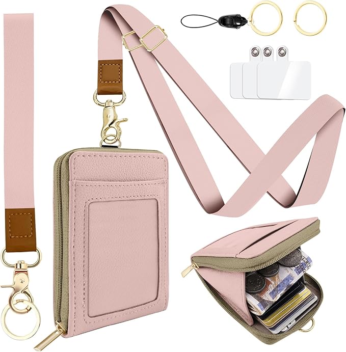 Pink PU Leather Lanyard Wallet with ID Badge Holder with 1 Zip Pocket and 3 Card Slots Keychain for Office School Business