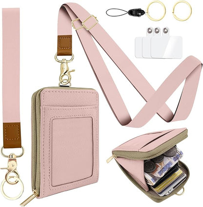 Pink PU Leather Lanyard Wallet with ID Badge Holder with 1 Zip Pocket and 3 Card Slots Keychain for Office School Business