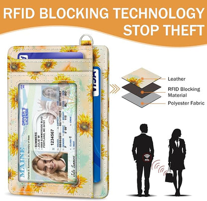 Yonlevres Credit Card Holder Slim Wallet, Sunflower RFID Wallet Women Front Pocket Small Card Holder, Travel Cute Funny Thin Card Case ID Window PU Leather RFID Blocking Card Organizer Gifts Girls