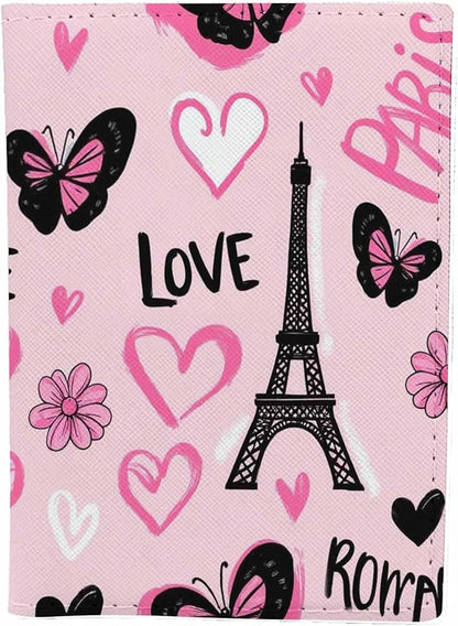 Eiffel Tower Passport Holder for Travel Butterflies Pink Romantic Love PU Leather Passport Cover Wallet Cute Passport Card Holder for Women and Men