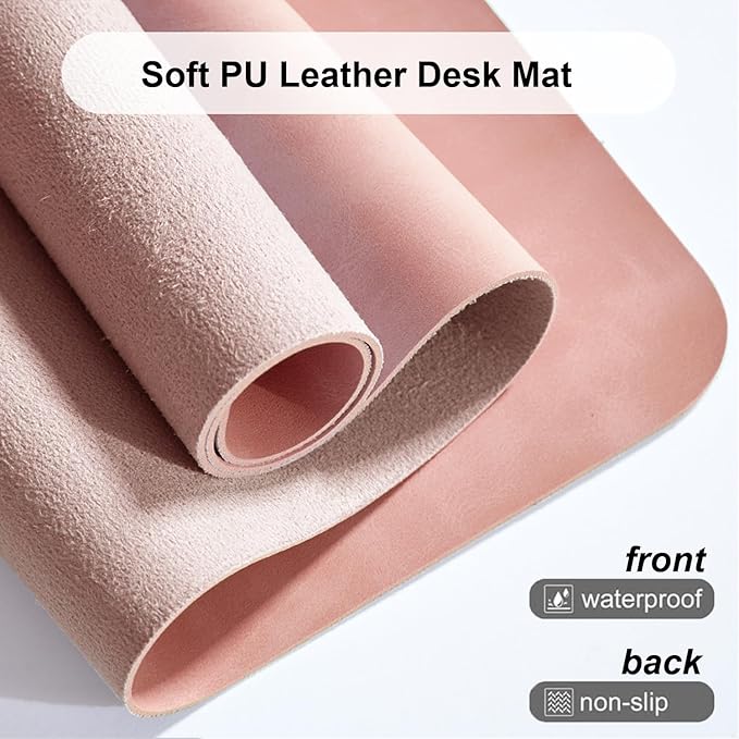 Distressed Leather Desk Mat - Non-Slip PU Leather Desk Pad Protector - Large Waterproof Mouse Pad Computer Keyboard Desk Mat Desk Accessories for Office & Home (Pink, 36"x 17")