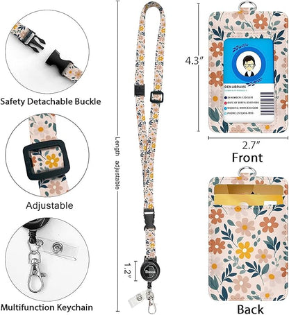 bolimoss Cute Teacher Lanyard with Id Holder, Floral Leather Lanyards for ID Badges, Breakaway Neck Lanyards with Retractable Badge Reels Quick-Release Buckles and Adjustable Straps for Nurse Work