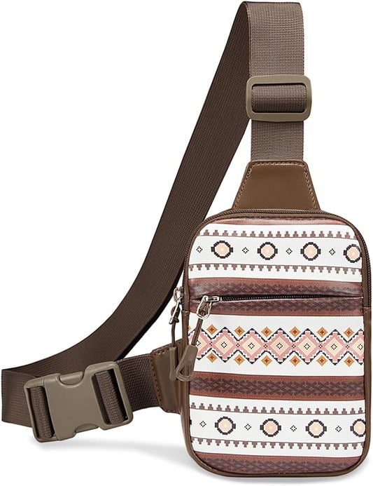 Mini Crossbody Sling Bag, PU Leather Chest Bag with Native American/Indigenous Patterns, Dual Pocket Water Resistant Fanny Pack, Running Phone Holder for Men Women Workout Travelling (Aztec Boho)