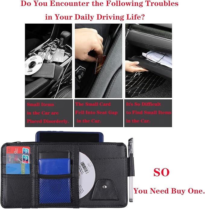 Black Leather Car Sun Visor Organizer, Sunglasses Holder for Car Sun Visor, Auto Visor Storage Document Holder with Multi Pocket