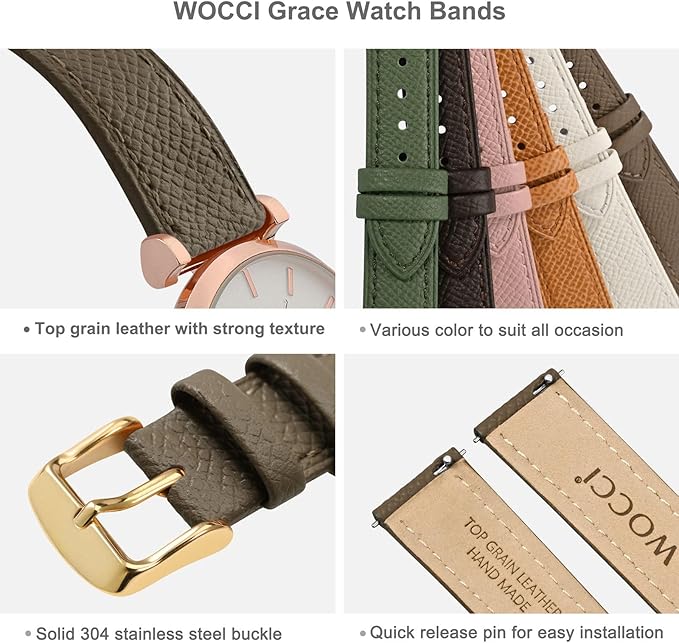 WOCCI 20mm Grace Leather Watch Band for Ladies, Top Grain Leather, Quick Release Replacement Strap with Gold Buckle (Elephant Grey)