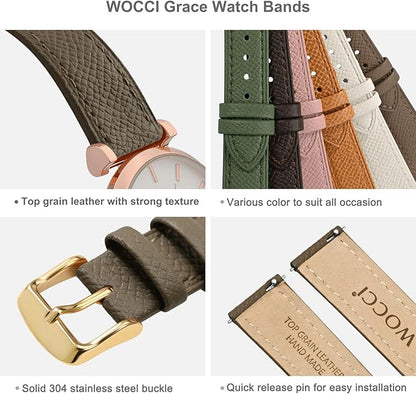 WOCCI 12mm Grace Leather Watch Band for Ladies, Top Grain Leather, Quick Release Replacement Strap with Gold Buckle (Elephant Grey)