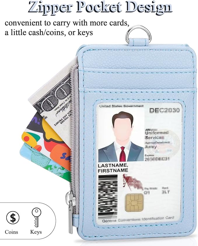 Teskyer Badge Holder with Side Zip Pocket, Multiple Card Slots Leather ID Holder Wallet with Neck Lanyard for Office Staffs, Teachers/Students, Workers, Cruise Cards, Bus/Metro Cards, Lichee Cyan