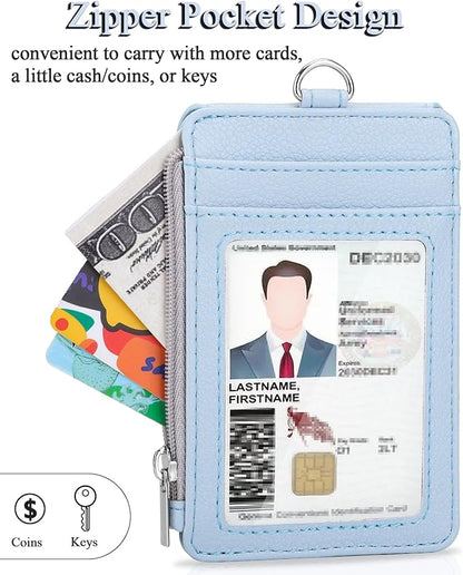 Teskyer Badge Holder with Side Zip Pocket, Multiple Card Slots Leather ID Holder Wallet with Neck Lanyard for Office Staffs, Teachers/Students, Workers, Cruise Cards, Bus/Metro Cards, Lichee Cyan