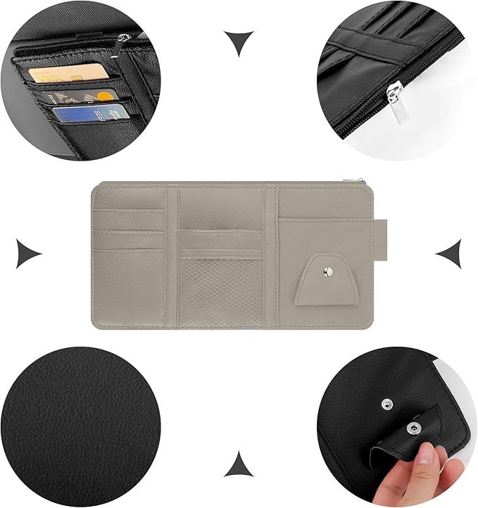 Car Visor Organizer with Sunglass Holder,Multi-Functional Car Sun Visor Organizer with Zipper for Cards,Money,Tickets,Leather Interior Accessories (Gray)