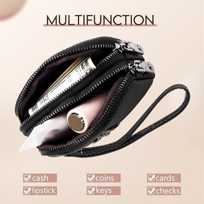 imeetu Women Leather Coin Purse, Small 2 Zippered Change Pouch Wallet
