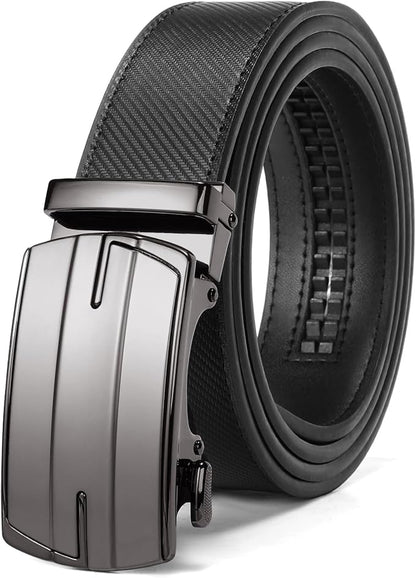 SENDEFN Leather Belt for Men Automatic Ratchet Buckle Slide Dress Casual Belts 1 3/8'' Wide Adjustable Trim to Fit(Black-20)