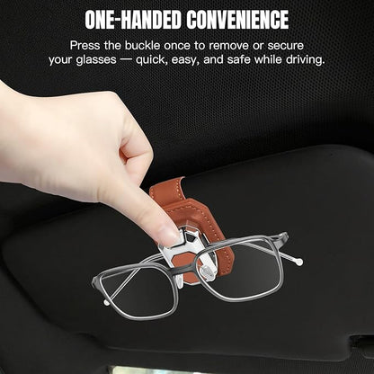 2PCS Sunglass Holder for Car Visor, Faux Leather Eyeglass Holder Clip for Car Sun Visor Organizer, Universal One Handed Operation Sun Glass Hanger, Car Interior Accessories for Women Man