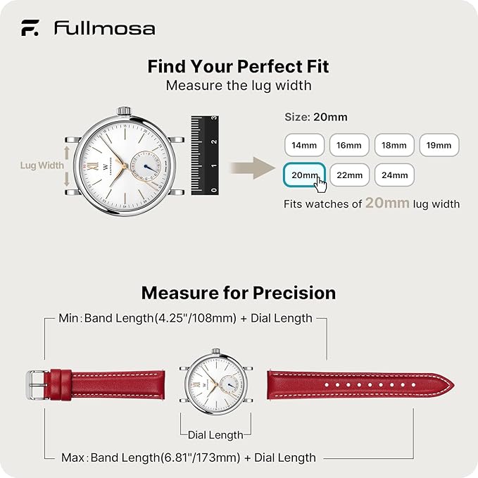 Fullmosa Watch Straps 20mm, Axus Series Leather Strap Replacement Watch Strap with Stainless Steel Metal Clasp for Men Women 14/16/18/20/22/24mm, Red 20mm