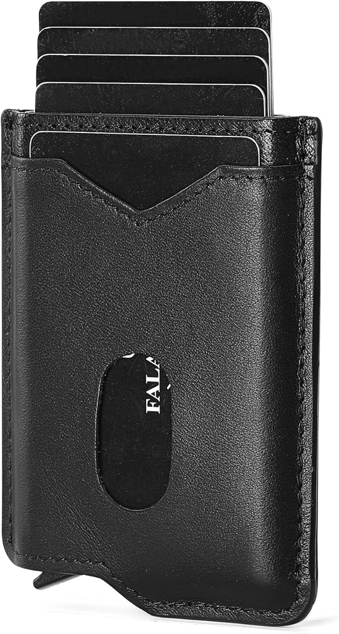 Slim Smart Mens Wallet Minimalist Genuine Leather Card Holder Cash Card Back Belt Wallet RFID Blocking Pop Up Aluminum Case Credit Card Wallet