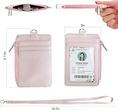 bolimoss 2-in-1 ID Badge Holder & Lanyard Wallet Women Girl Leather Vertical ID Badge Card Holder with Detachable Neck Lanyard, 1 Clear ID Window, 4 Credit Card Slots, 1 Cash Coin Slot Light Pink