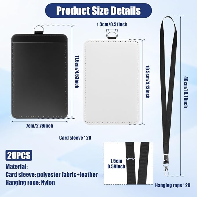 20 Pack Sublimation ID Badge Holder with Lanyards, PU Leather id Card Holder, Blanks Bulk Heat Transfer Print Vertical Name Badge Holders for Coach Office Employees Teacher
