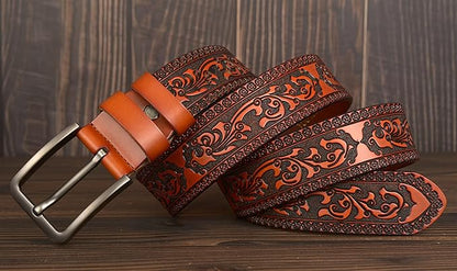 Men's Casual Genuine Leather Jeans Belts Vintage Leather Engraved Strap with Single Prong Buckle