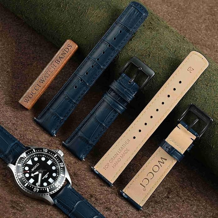 WOCCI Watch Bands, Top Grain Leather, Embossed Alligator Grain, Quick Release, Band Width 18mm 20mm 22mm