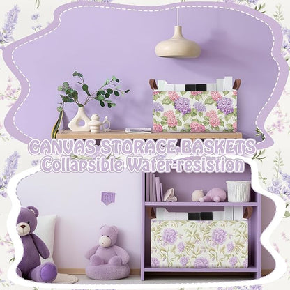 Boao 3 Pcs Purple Floral Storage Bin Wildflowers Collapsible Large Storage Baskets for Gifts Canvas Laundry Basket Foldable Box with Handle for Office Home Bedroom Clothes