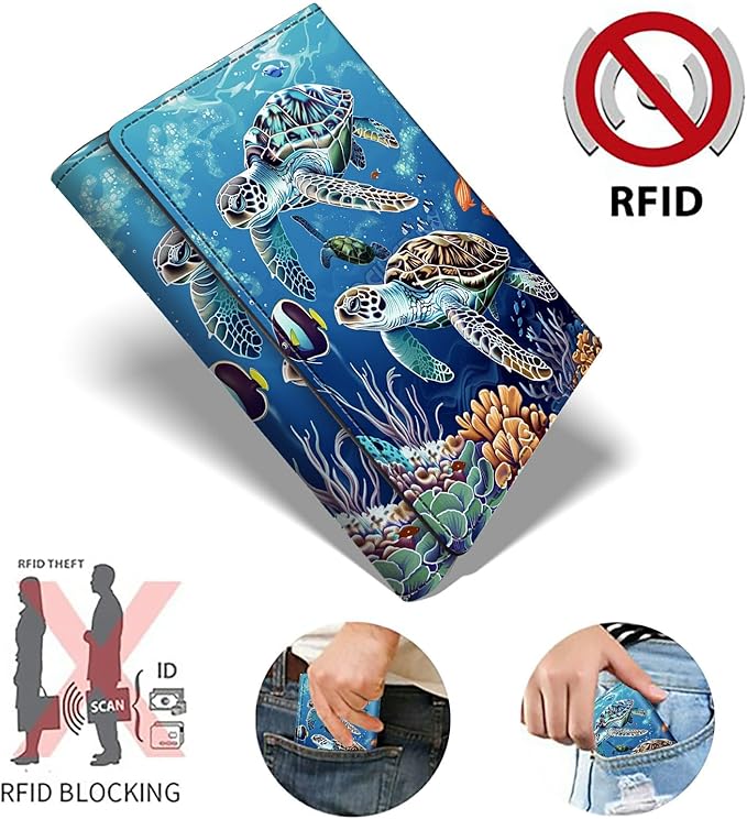Sea Turtles Minimalist Wallet for Men, Pop Up Card Case Wallet for Women, PU Leather Automatic Credit Card Holder Metal Money Clip Wallet RFID Blocking Bifold Pocket Wallet