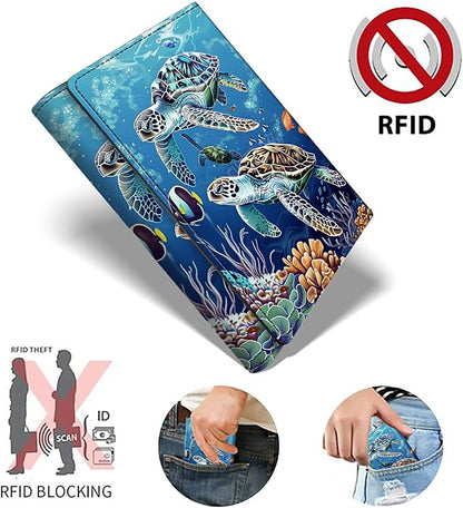 Sea Turtles Minimalist Wallet for Men, Pop Up Card Case Wallet for Women, PU Leather Automatic Credit Card Holder Metal Money Clip Wallet RFID Blocking Bifold Pocket Wallet