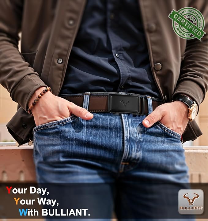 BULLIANT Men Belt,Ratchet Leather Belt Click Adjustable for Men Jeans Dress Casual 1 3/8-Cut to Fit