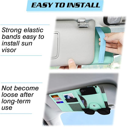 Car Sun Visor Organizer, Leather Pocket Organizer Sunglass Holder for Car Interior Accessories with Multi-Pocket Net Zipper (Blue)