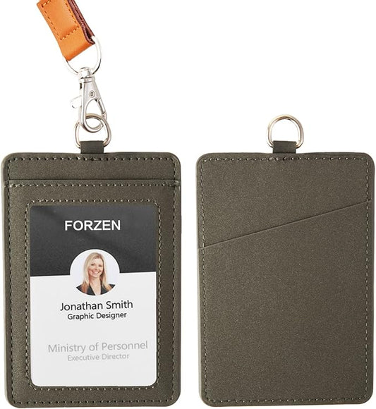 Leather Badge Holder, Vertical ID Card Holder with Clear Window, 2 Elastic Card Slots & Detachable Lanyard for Offices, School (Gray)