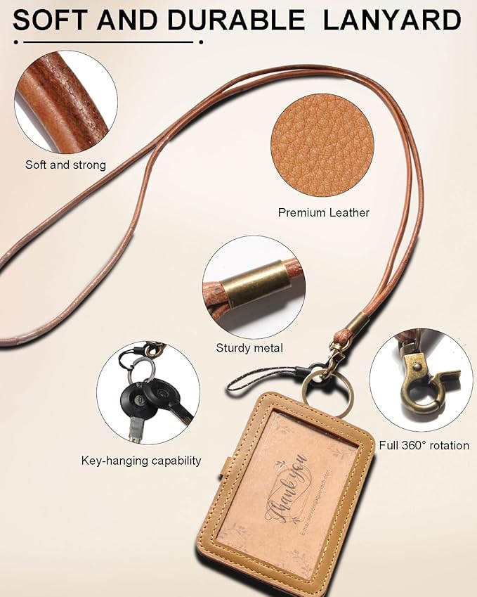 Genuine Badge Holder with Leather Lanyard, Soft Leather ID Card Holder with a Detachable Metal Clip, Clear Window, 2 Card Slots for Office & School IDs, Work Name Cards (Golden-Brown 03)