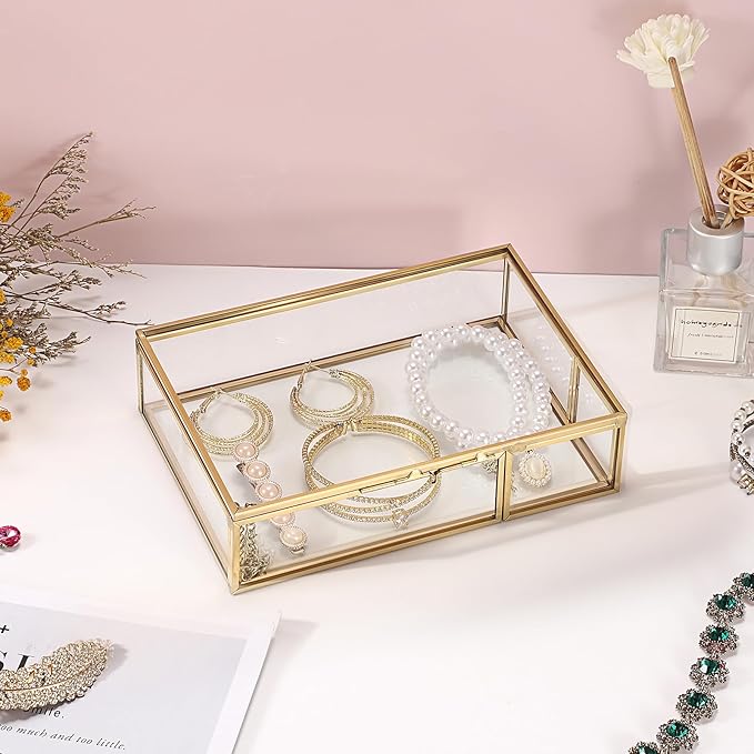 Hipiwe Gold Glass Photo Box,Vintage Photo Storage Organizer, Trinket Box Jewelry Display Organizer Keepsake Box Case Home Decor (Small)