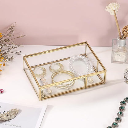 Hipiwe Gold Glass Photo Box,Vintage Photo Storage Organizer, Trinket Box Jewelry Display Organizer Keepsake Box Case Home Decor (Small)