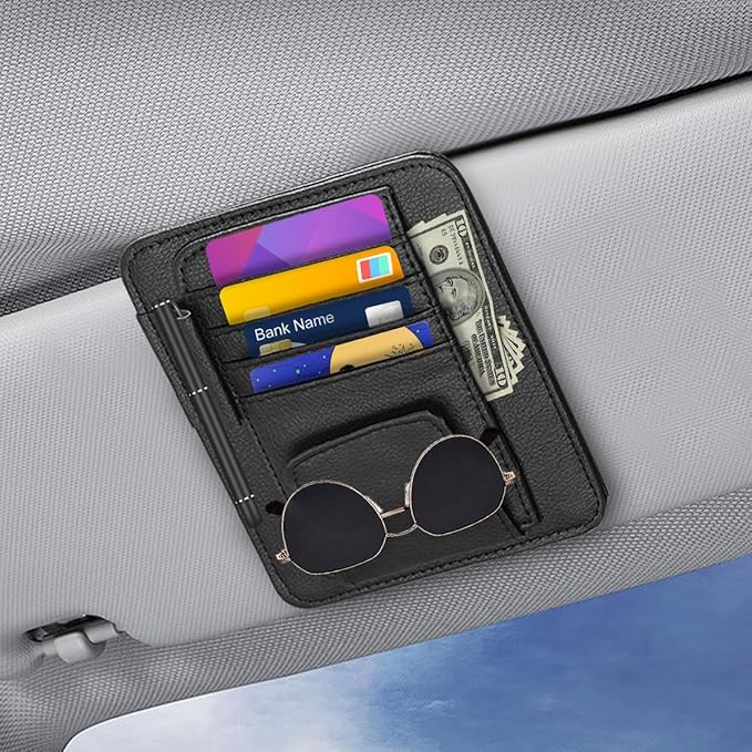 Small Leather Car Sun Visor Organizer - Multifunctional Car Interior Sunglass Holder Auto Visor Document Holder - Auto Card Sleeve Pocket Pouch Organizer for Driving License Registration Pen (Black)