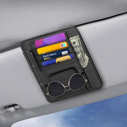 Small Leather Car Sun Visor Organizer - Multifunctional Car Interior Sunglass Holder Auto Visor Document Holder - Auto Card Sleeve Pocket Pouch Organizer for Driving License Registration Pen (Black)