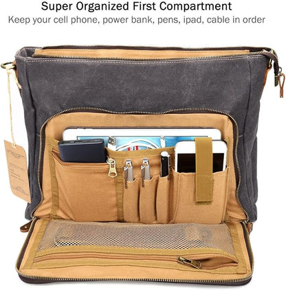 Manificent Laptop Messenger bag for Mens 15.6 Inch, Waterproof Vintage Genuine Leather Mens Briefcase shoulder bag 16 Storage Pockets, Waxed Canvas Leather Computer Business Satchel Work Bag (Gray)