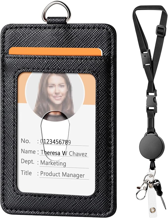 Leather Badge Holder and Adjustable Retractable Lanyards, Quick Release Buckle and Safety Breakaway Lanyards with Swivel Metal Clasp for Offices, Staff, Students, Employees