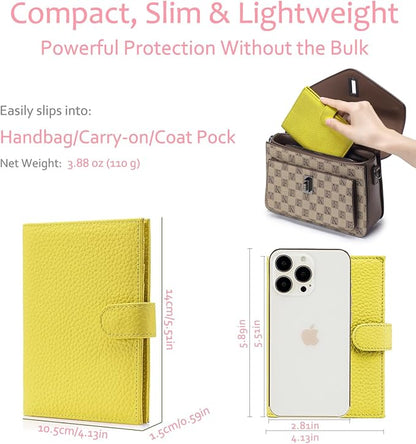 Slim Passport Wallet for Women – RFID Blocking Passport Holder for Travel Women with Card Slots, Coin Pocket & SIM Slot – Genuine Leather Travel Organizer – Lemon Yellow