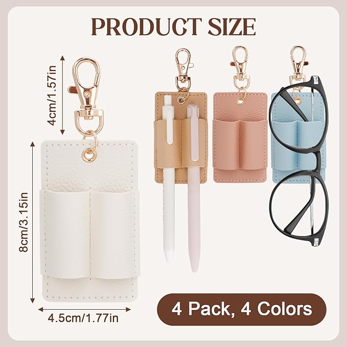 4PCS Double Hole Pen Holder for Lanyard, Anti-Lost PU Leather Lanyard Pen Clip for Badge Keychain, Pocket Pencil Pen Keychain for Nurses Courier Clerk Office (Pink Beige White Blue)