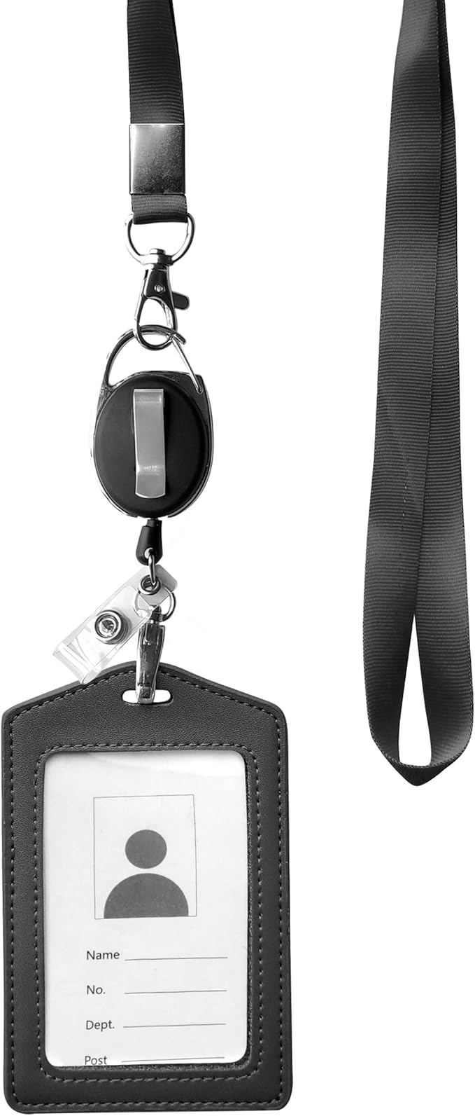 ID Card Case + Heavy Duty Lanyard (Black) + Badge Holder Retractable Reel Carabiner and Plastic Clip (Genuine Leather)