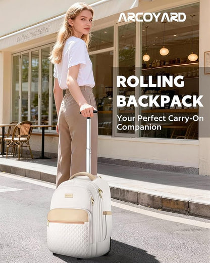 Arcoyard Rolling Backpack For Adults With Wheels, 40L Wheeled Backpack For Women, Travel Roller Backpacks, Carry On Luggage, Rolling Bag, Beige