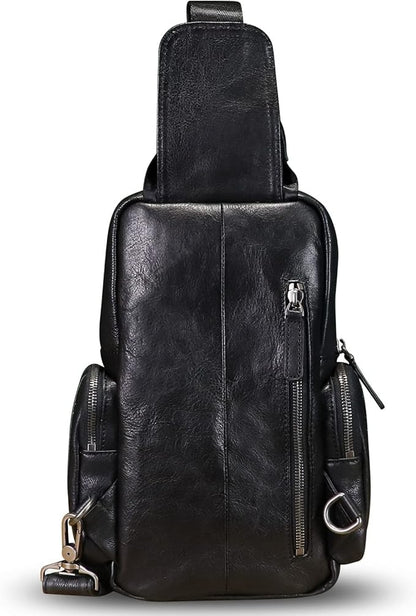 IVTG Genuine Leather Sling Bag Crossbody Casual Hiking Daypack Vintage Handmade Chest Bag Shoulder Backpack Motorcycle Pack (Darkgrey)