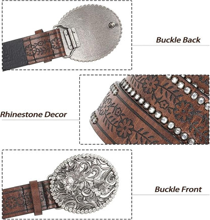 INOGIH Adjustable-Vintage-Western-Cowboy-Belt Women Men - Cowboy-Style Engraved-Buckle Belt for Jeans Pants Dresses
