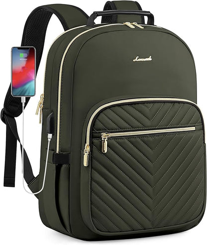 LOVEVOOK Laptop Backpack Purse for Women, Work Business Travel Computer Bags, College Nurse Backpack for Womens, Quilted Casual Daypack with USB Port, Fit 15.6 Inch Laptop, Army Green
