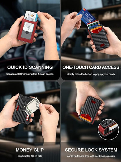 Wallet for Men, Slim Minimalist Wallet with Money Clip＆ID Window, RFID Blocking Pop-Up Credit Card Holder, Smart Auminum Mens Wallet Holds 9-13 Cards (Gift Box) (Carbon Fiber & Red)