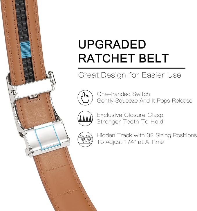SENDEFN Men's Leather Belt Automatic Ratchet Buckle Slide Belt for Dress Casual Trim to Fit with Gift Box